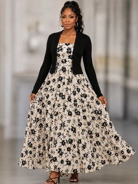 petite jolie Black & Cream Floral Midi Dress